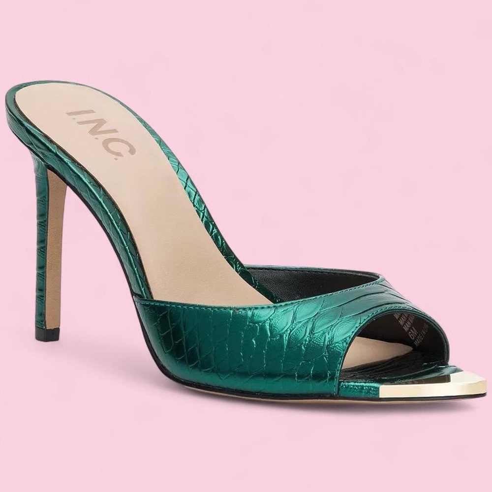 INC International Concepts Metallic Emerald Green Peep-Toe Mule